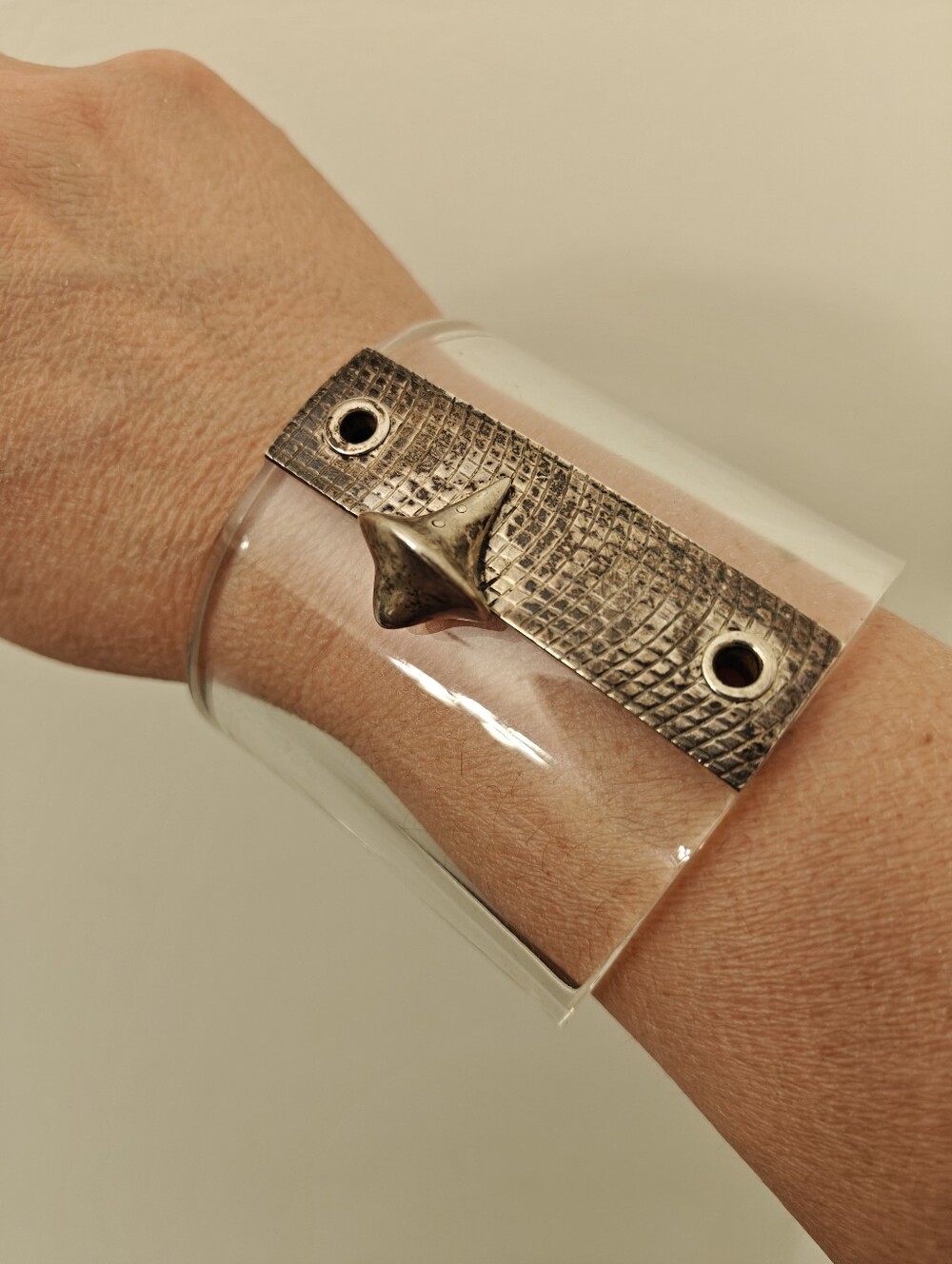 Vintage Signed FABIEN Clear Lucite & Sterling Silver Cuff Bracelet OOAK